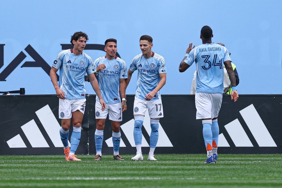 May 10, 2026; New York, New York, USA; New York City FC midfielder Hannes Wolf (17) celebrates with teammates after scoring his second goal of the match against the Columbus Crew during the first half at Yankee Stadium. Mandatory Credit: Vincent Carchietta-Imagn Images