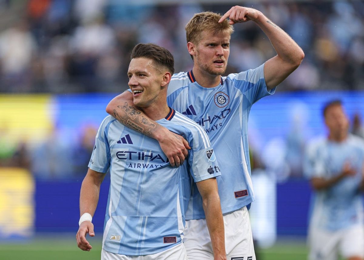 May 10, 2026; New York, New York, USA; New York City FC midfielder Hannes Wolf (17) celebrates with midfielder Keaton Parks (55) after scoring his third of the match during the second half against the Columbus Crew at Yankee Stadium. Mandatory Credit: Vincent Carchietta-Imagn Images