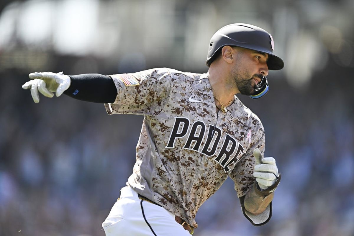 May 10, 2026; San Diego, California, USA; San Diego Padres right fielder Nick Castellanos (21) rounds the bases after hitting an two-run home run during the ninth inning against the St. Louis Cardinals at Petco Park. Mandatory Credit: Denis Poroy-Imagn Images