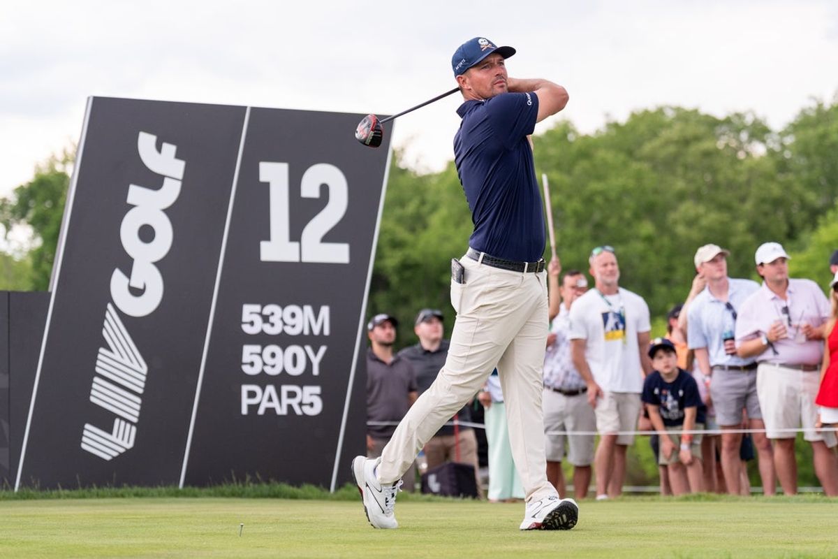May 10, 2026; Sterling, Virginia, USA; Bryson DeChambeau hits a drive during the final round of LIV Golf Virginia golf tournament at Trump National Golf Club. Mandatory Credit: Jack Power-Imagn Images