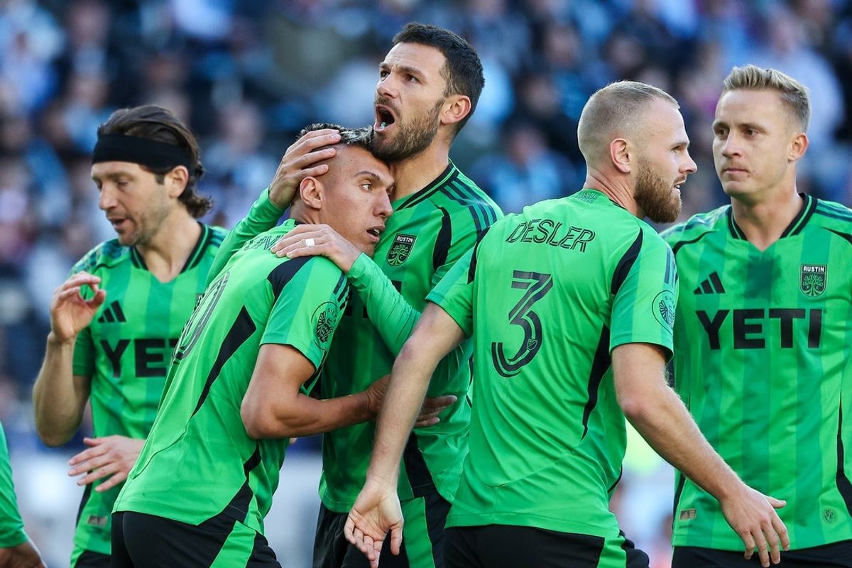 May 10, 2026; Saint Paul, Minnesota, USA; Austin FC forward Myrto Uzuni (10) celebrates his goal after a free kick against the Minnesota United FC during the first half at Allianz Field. Mandatory Credit: Matt Krohn-Imagn Images