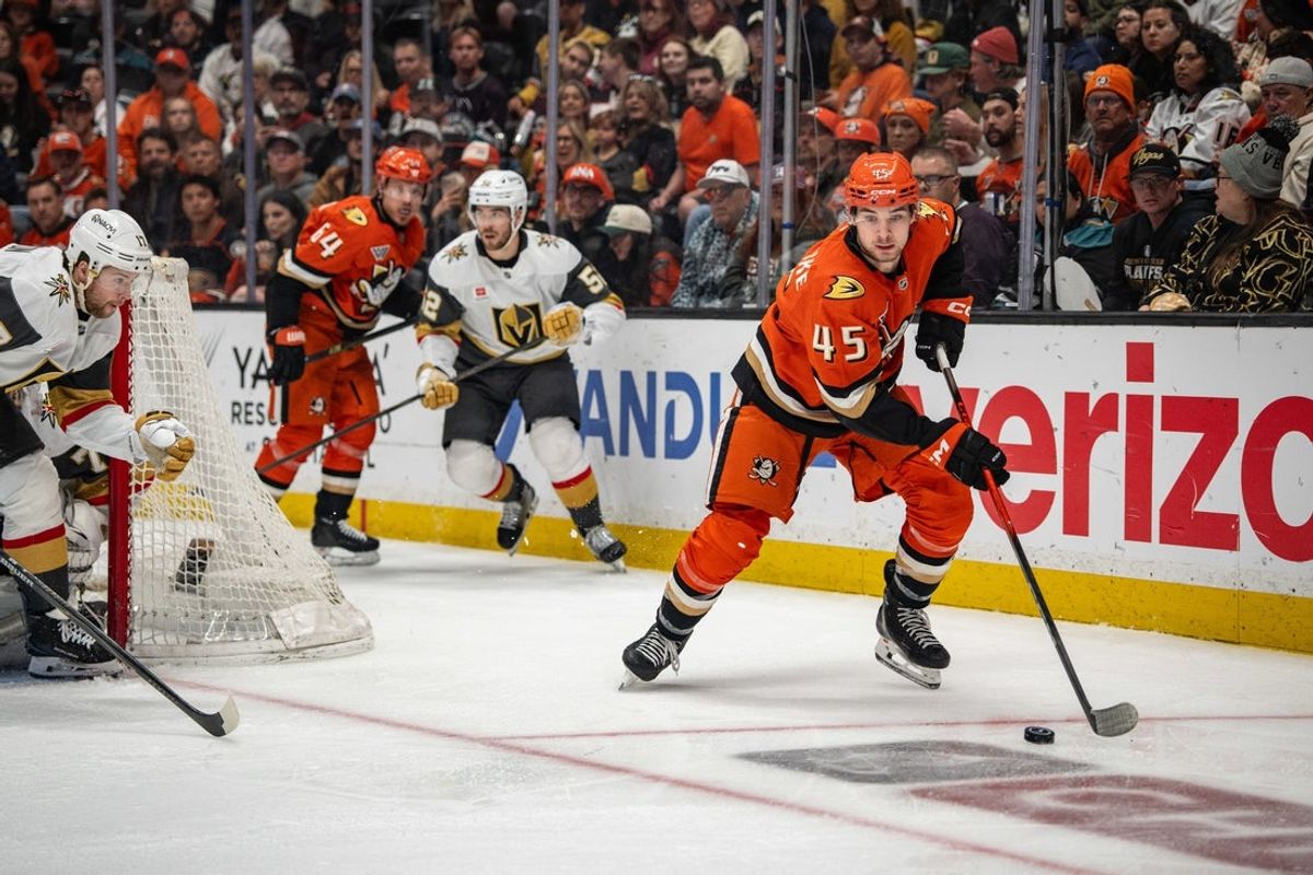 May 10, 2026; Anaheim, California, USA; Anaheim Ducks right wing Beckett Sennecke (45) skates with the puck against Vegas Golden Knights during the second period in game four of the second round of the 2026 Stanley Cup Playoffs at Honda Center. Mandatory Credit: Corinne Votaw-Imagn Images