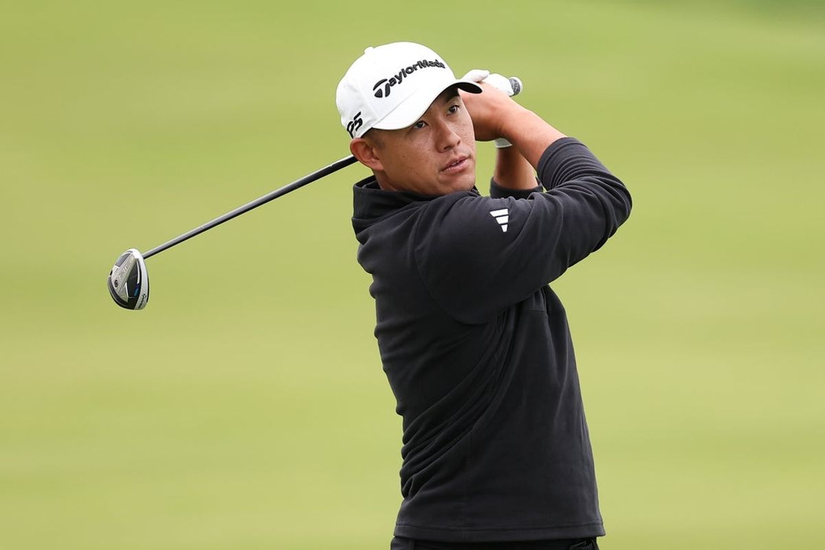 May 11, 2026; Newtown Square, Pennsylvania, Collin Morikawa plays a shot on the ninth hole during a practice round of the PGA Championship golf tournament at Aronimink Golf Club. Mandatory Credit: Bill Streicher-Imagn Images