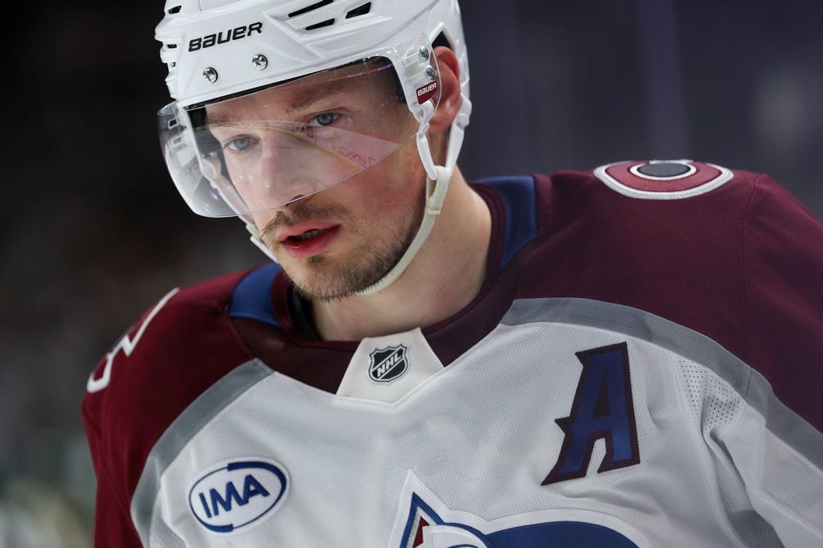 May 11, 2026; Saint Paul, Minnesota, USA; Colorado Avalanche defenseman Cale Makar (8) looks on during the second period in game four of the second round of the 2026 Stanley Cup Playoffs against the Minnesota Wild at Grand Casino Arena. Mandatory Credit: Matt Krohn-Imagn Images