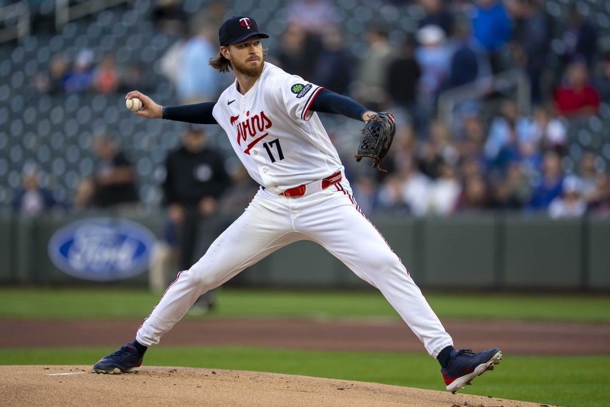 May 12, 2026; Minneapolis, Minnesota, USA; Minnesota Twins starting pitcher Bailey Ober (17) delivers a pitch against the Miami Marlins in the first inning at Target Field. Mandatory Credit: Jesse Johnson-Imagn Images