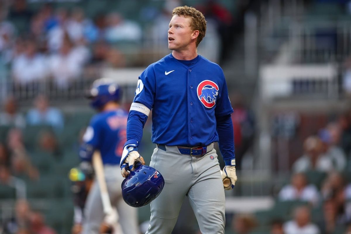 May 12, 2026; Atlanta, Georgia, USA; Chicago Cubs center fielder Pete Crow-Armstrong (4) reacts after an out against the Atlanta Braves in the third inning at Truist Park. Mandatory Credit: Brett Davis-Imagn Images