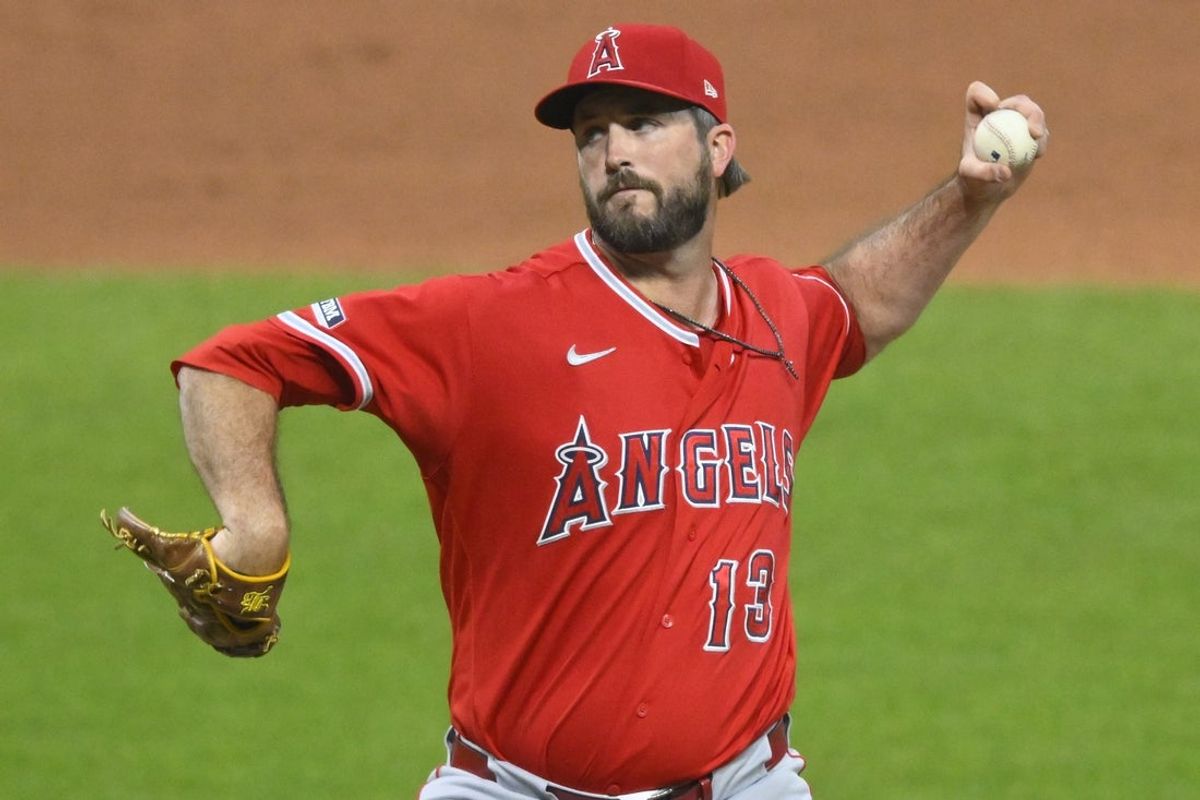 May 12, 2026; Cleveland, Ohio, USA; Los Angeles Angels relief pitcher Drew Pomeranz (13) delivers a pitch in the seventh inning against the Cleveland Guardians at Progressive Field. Mandatory Credit: David Richard-Imagn Images