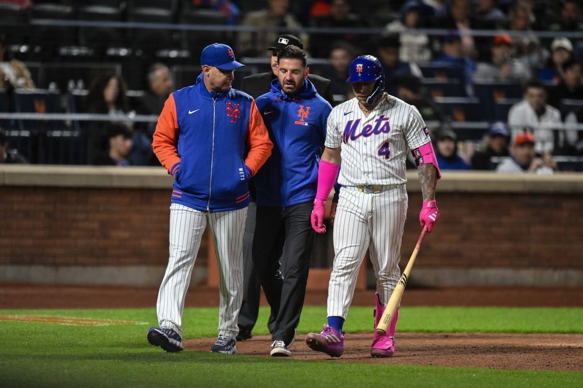 May 12, 2026; New York City, New York, USA; New York Mets catcher Francisco Alvarez (4) leaves the game with an injury during the sixth inning against the Detroit Tigers at Citi Field. Mandatory Credit: John Jones-Imagn Images