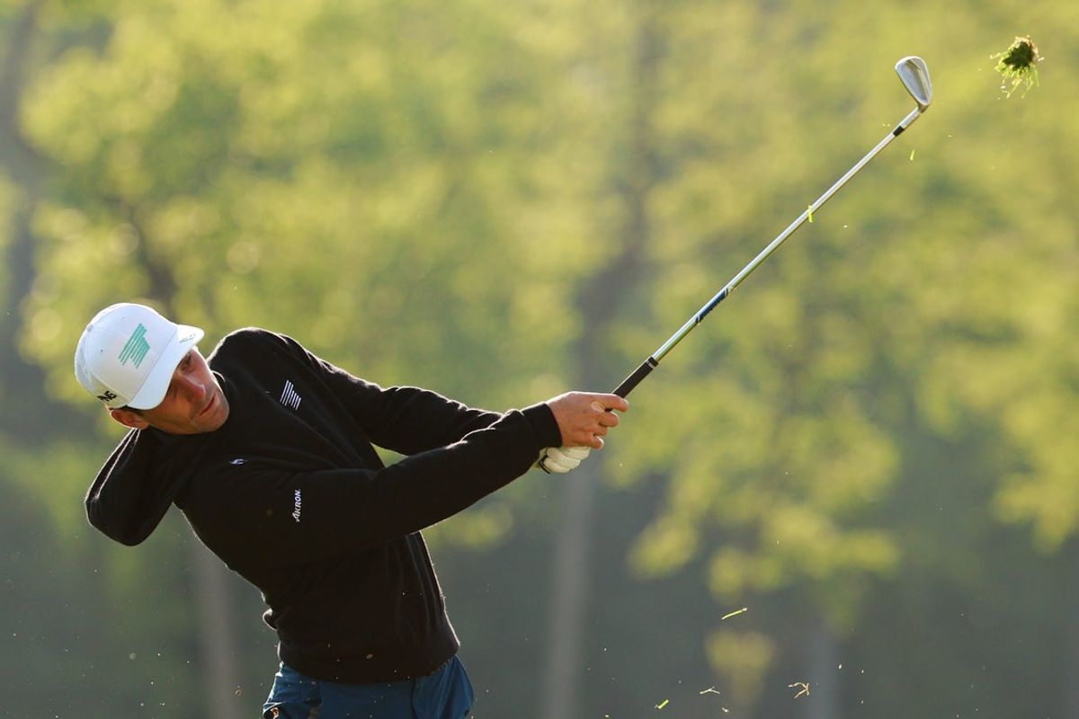 May 13, 2026; Newtown Square, Pennsylvania, USA; Joaquin Niemann plays a shot on the tenth hole during a practice round of the PGA Championship golf tournament at Aronimink Golf Club. Mandatory Credit: Bill Streicher-Imagn Images