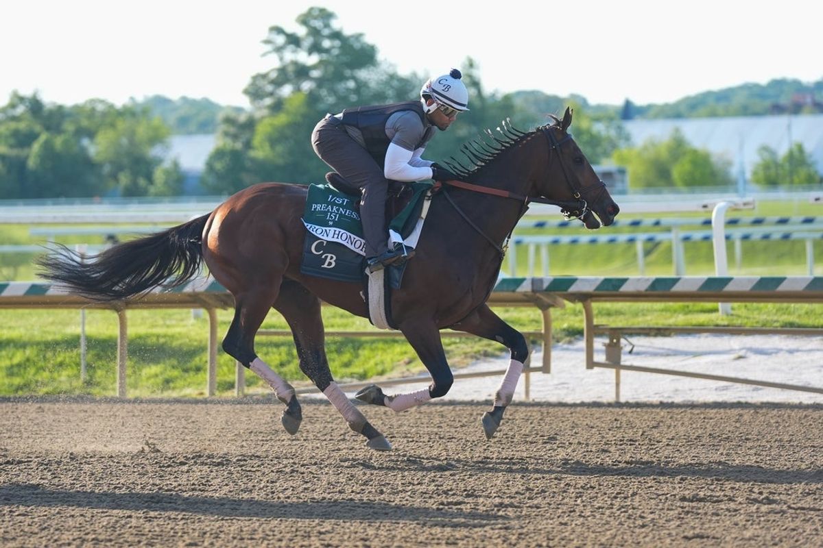 May 13, 2026; Laurel, MD, USA; Preakness Stakes entry, Iron Honor trains during morning workouts at Laurel Park. Mandatory Credit: Gregory Fisher-Imagn Images