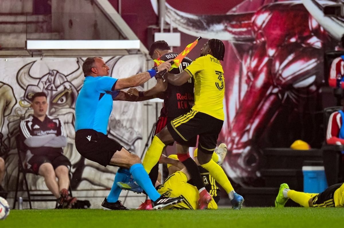 May 13, 2026; Harrison, New Jersey, USA; Columbus Crew defender Steven Moreira (31) and Red Bull New York forward Jorge Ruvalcaba (11) tussle during the first half at Sports Illustrated Stadium. Mandatory Credit: John Jones-Imagn Images