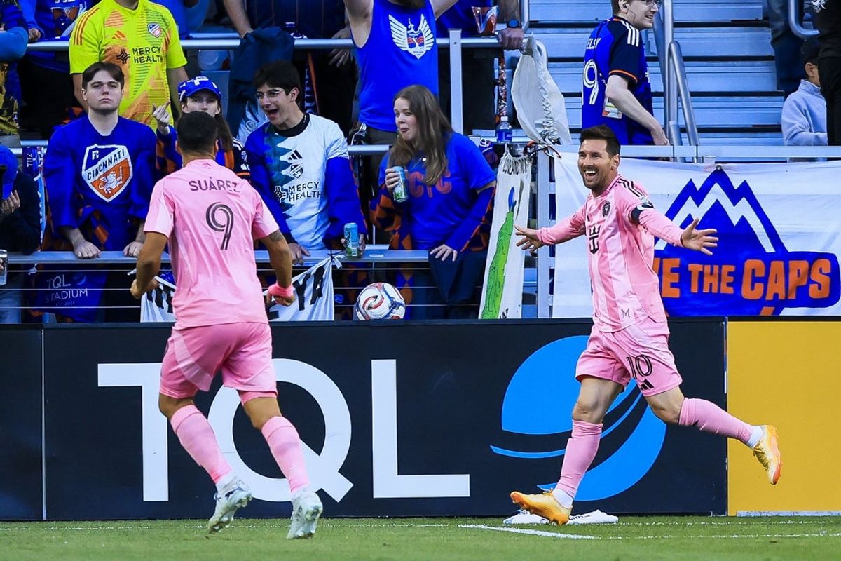May 13, 2026; Cincinnati, Ohio, USA; Inter Miami CF midfielder Lionel Messi (10) celebrates with forward Luis Suarez (9) after scoring a goal against FC Cincinnati in the first half at TQL Stadium. Mandatory Credit: Katie Stratman-Imagn Images