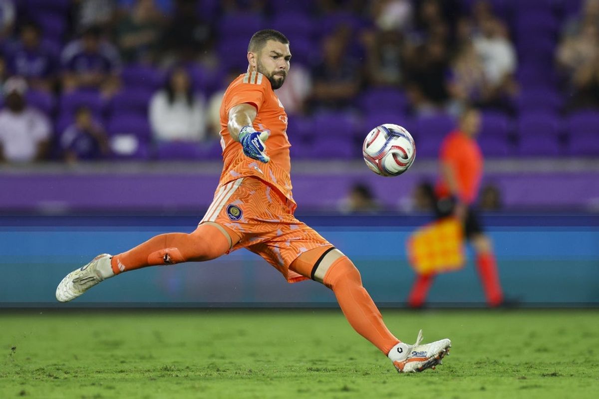 May 13, 2026; Orlando, Florida, USA; Orlando City SC goalkeeper Maxime Crepeau (71) puts the ball in play against the Philadelphia Union in the second half at Inter&Co Stadium. Mandatory Credit: Nathan Ray Seebeck-Imagn Images