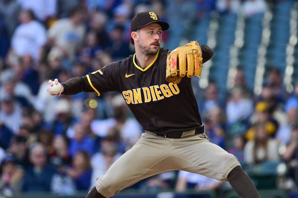 May 14, 2026; Milwaukee, Wisconsin, USA; San Diego Padres pitcher starting pitcher Griffin Canning (17) throws a pitch against the Milwaukee Brewers in the first inning at American Family Field. Mandatory Credit: Benny Sieu-Imagn Images