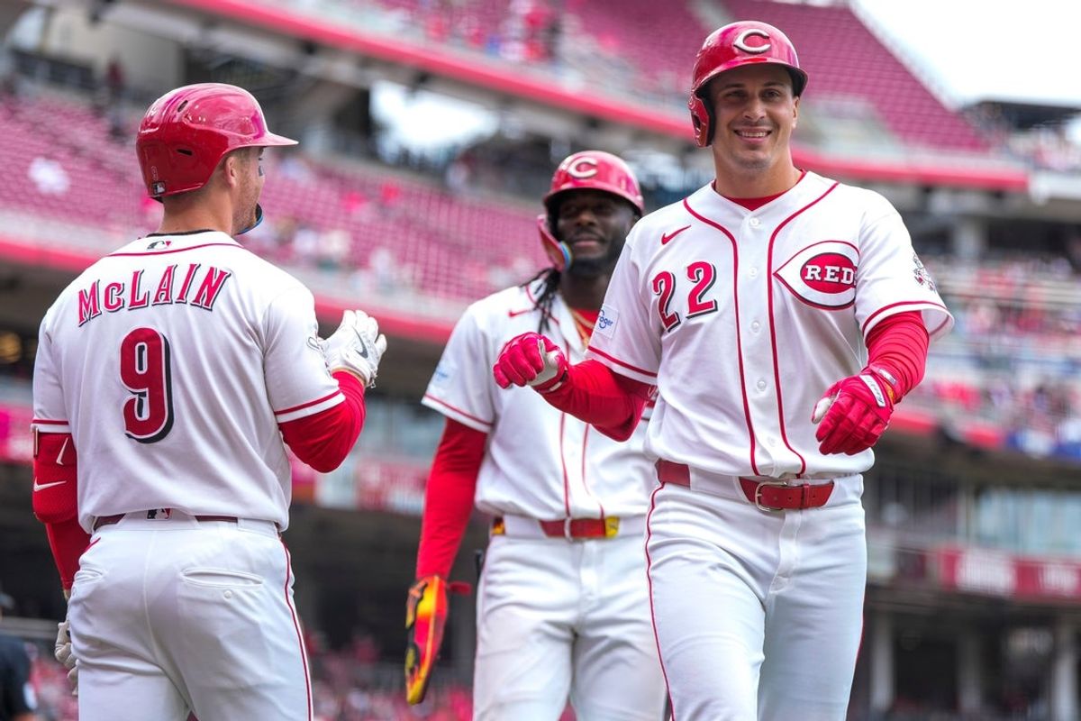 Cincinnati Reds left fielder JJ Bleday (22) celebrates a three-run home run in the seventh inning of the MLB National League game between the Cincinnati Reds and the Washington Nationals at Great American Ball Park in downtown Cincinnati on Thursday, May 14, 2026. The Reds led 2-0 after three innings. The Reds won 15-1.