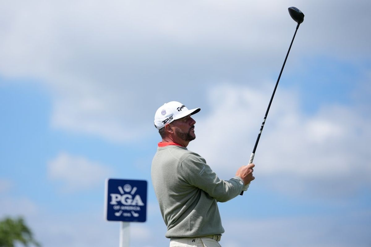 May 14, 2026; Newtown Square, Pennsylvania, USA; Michael Block plays his shot from the third tee during the first round of the PGA Championship golf tournament at Aronimink Golf Club. Mandatory Credit: James Lang-Imagn Images