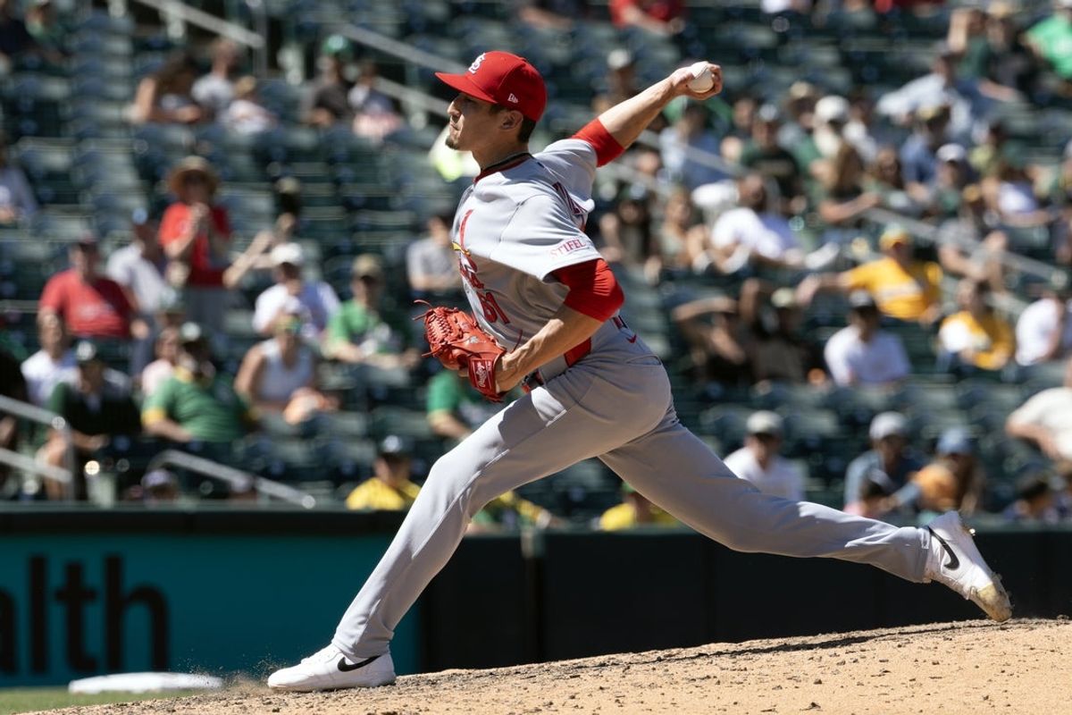 May 14, 2026; West Sacramento, California, USA; St. Louis Cardinals pitcher Riley O'Brien (61) delivers a pitch against the Athletics during the ninth inning at Sutter Health Park. Mandatory Credit: D. Ross Cameron-Imagn Images