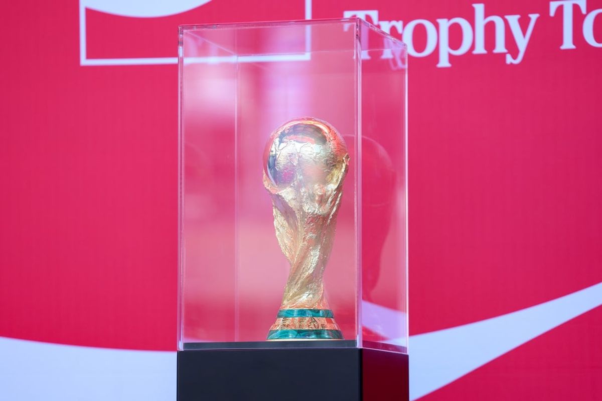 May 14, 2026; Atlanta, Georgia, USA; The FIFA World Cup trophy on display before a game between the Atlanta Braves and Chicago Cubs in The Battery Atlanta at Truist Park. Mandatory Credit: Brett Davis-Imagn Images
