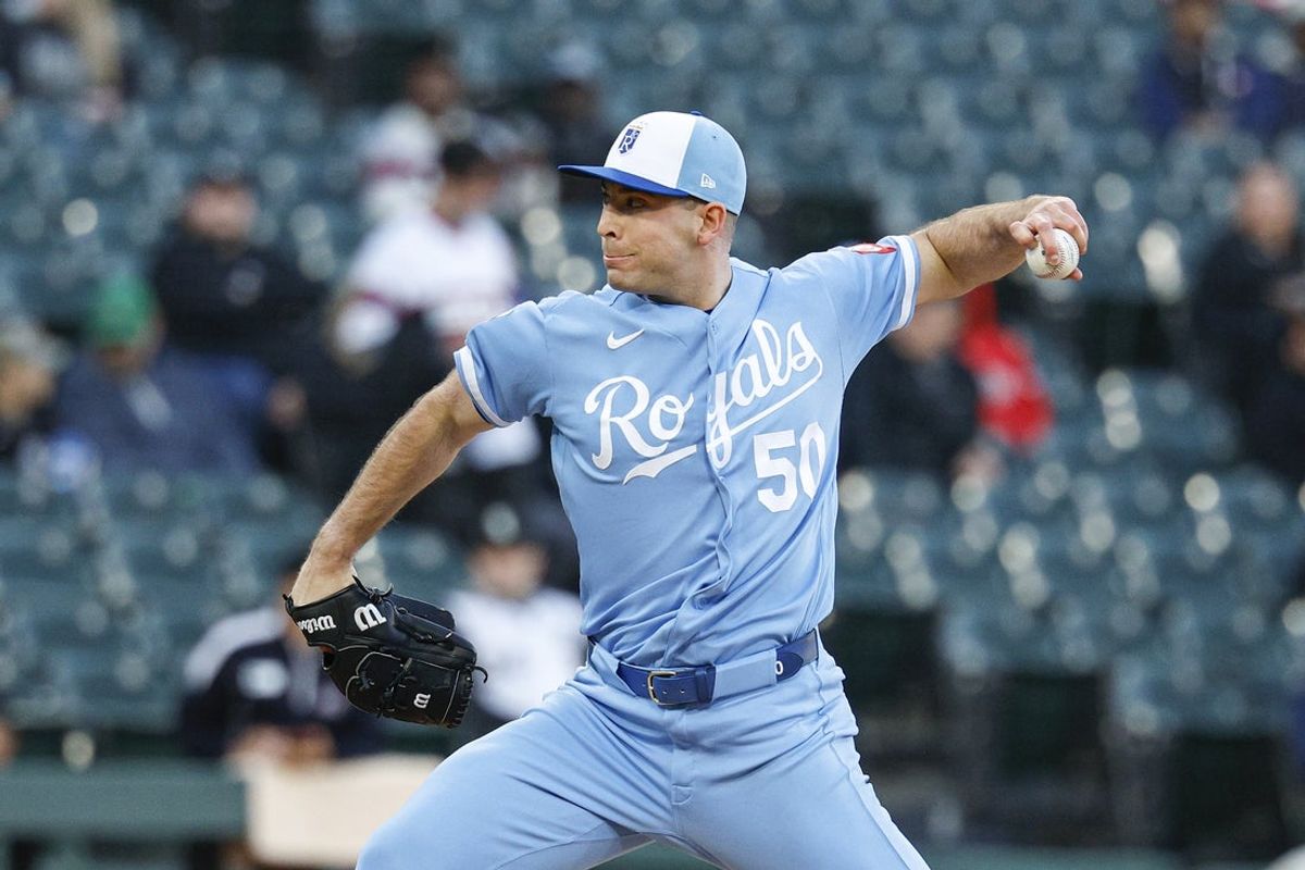 May 14, 2026; Chicago, Illinois, USA; Kansas City Royals starting pitcher Kris Bubic (50) delivers a pitch against the Chicago White Sox during the first inning at Rate Field. Mandatory Credit: Kamil Krzaczynski-Imagn Images