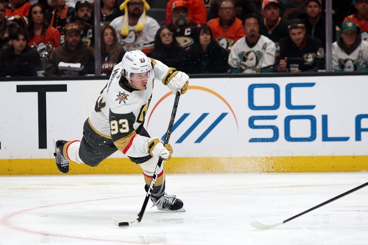 May 14, 2026; Anaheim, California, USA; Vegas Golden Knights right wing Mitch Marner (93) takes a slapshot during the third period against the Anaheim Ducks in game six of the second round of the 2026 Stanley Cup Playoffs at Honda Center. Mandatory Credit: Kiyoshi Mio-Imagn Images
