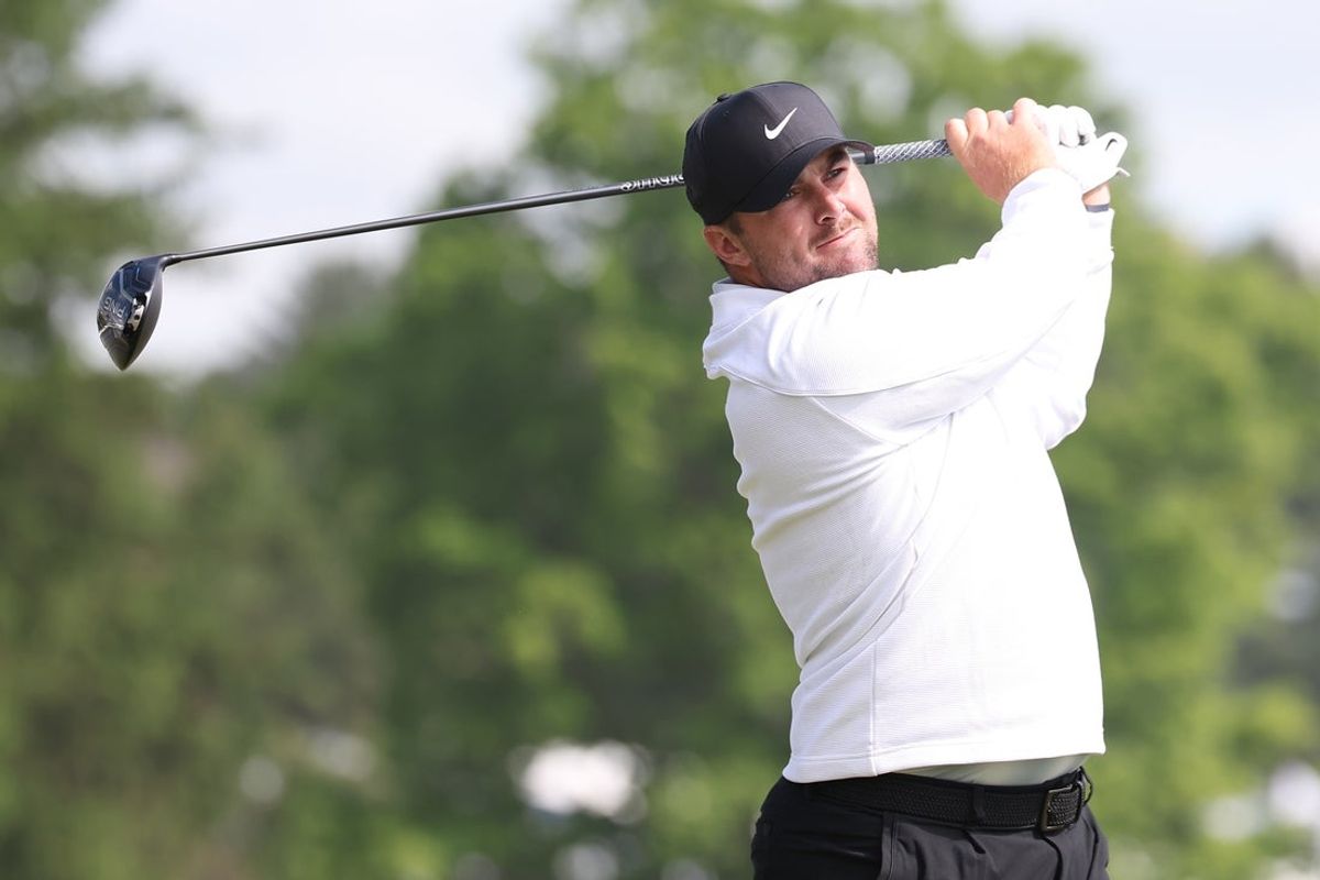 May 15, 2026; Newtown Square, Pennsylvania, USA; Chris Gotterup plays his shot on the 15th tee during the second round of the PGA Championship golf tournament. Mandatory Credit: Bill Streicher-Imagn Images