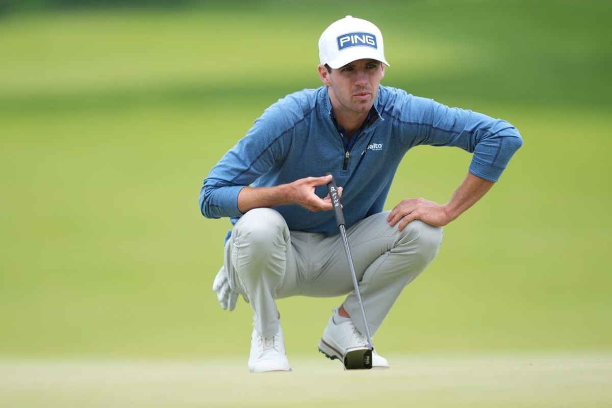 May 15, 2026; Newtown Square, Pennsylvania, USA; Alex Smalley reacts on the fourth hole during the second round of the PGA Championship golf tournament. Mandatory Credit: James Lang-Imagn Images