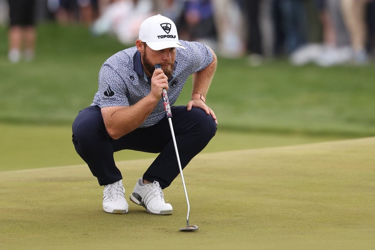 May 15, 2026; Newtown Square, Pennsylvania, USA; Tyrrell Hatton lines up a putt on the sixth hole during the second round of the PGA Championship golf tournament. Mandatory Credit: Bill Streicher-Imagn Images