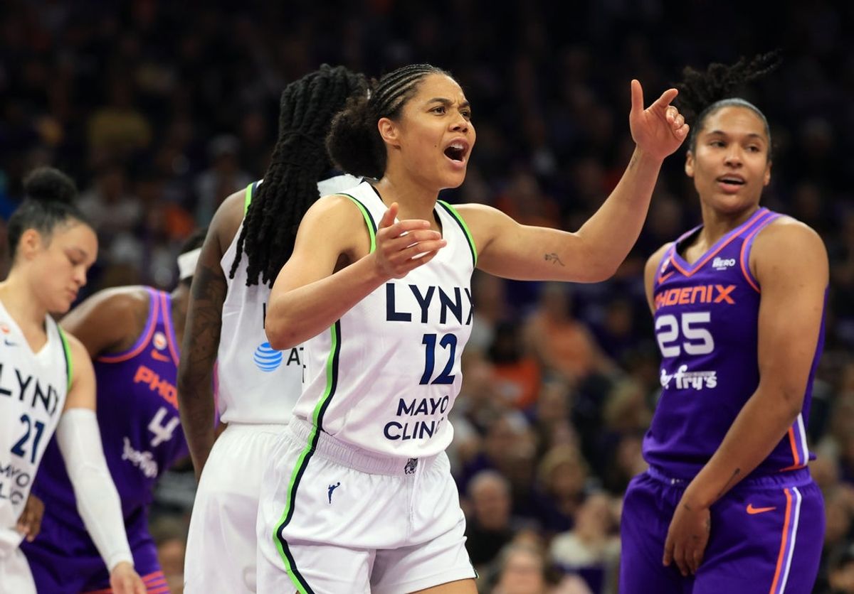 May 12, 2026; Phoenix, Arizona, USA; Minnesota Lynx forward Nia Coffey (12) against the Phoenix Mercury at Mortgage Matchup Center. Mandatory Credit: Mark J. Rebilas-Imagn Images