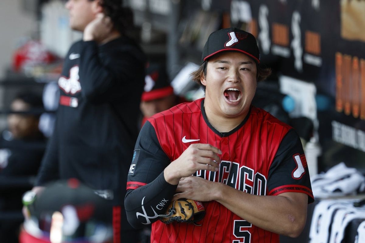 May 15, 2026; Chicago, Illinois, USA; Chicago White Sox first baseman Munetaka Murakami (5) reacts before a baseball game against the Chicago Cubs at Rate Field. Mandatory Credit: Kamil Krzaczynski-Imagn Images