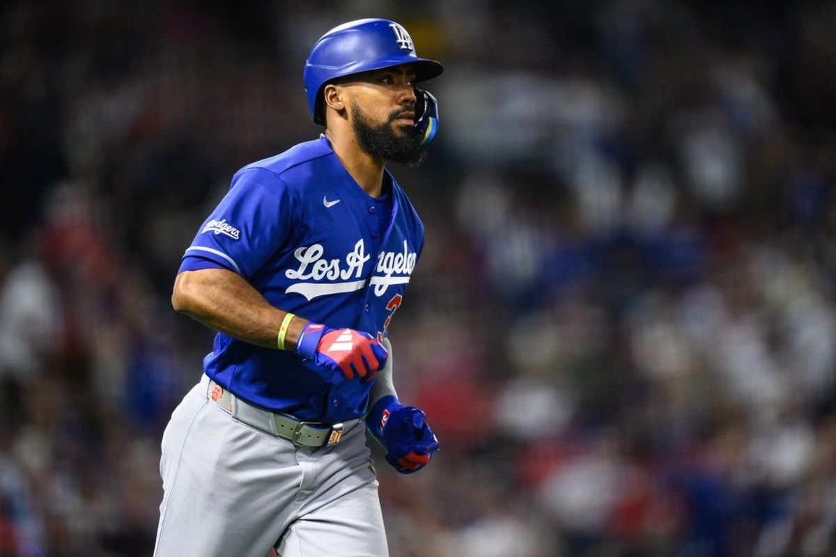 May 15, 2026; Anaheim, California, USA; Los Angeles Dodgers left fielder Teoscar Hernández (37) runs after hitting a home run during the sixth inning against the Los Angeles Angels at Angel Stadium. Mandatory Credit: William Liang-Imagn Images