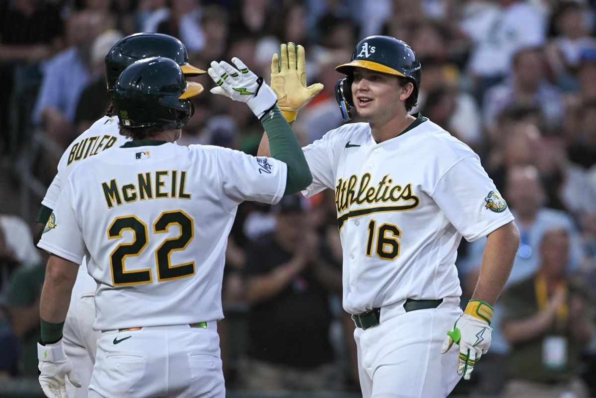 May 15, 2026; West Sacramento, California, USA; Athletics first baseman Nick Kurtz (16) celebrates with teammates after hitting a home run against the San Francisco Giants during the fifth inning at Sutter Health Park. Mandatory Credit: Ed Szczepanski-Imagn Images