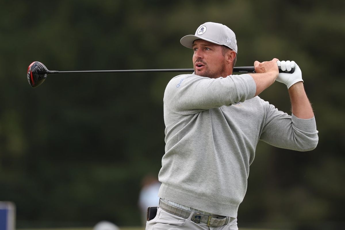 May 15, 2026; Newtown Square, Pennsylvania, USA; Bryson DeChambeau plays his shot on the seventh tee during the second round of the PGA Championship golf tournament. Mandatory Credit: Bill Streicher-Imagn Images