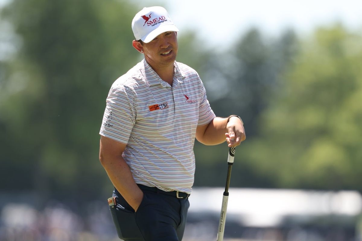 May 16, 2026; Newtown Square, Pennsylvania, USA; Collin Morikawa reacts on the sixth hole during the third round of the PGA Championship golf tournament. Mandatory Credit: Bill Streicher-Imagn Images