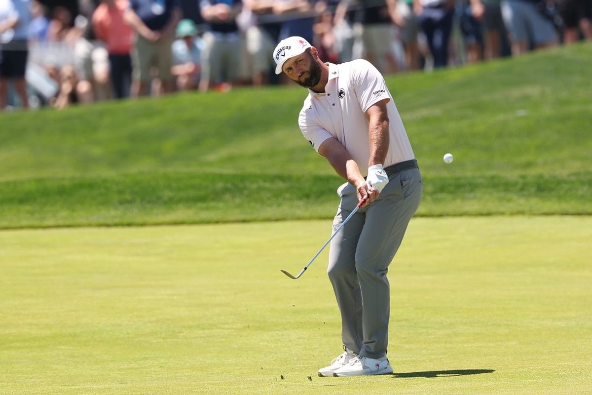 May 16, 2026; Newtown Square, Pennsylvania, USA; Jon Rahm plays the ball on the sixth hole during the third round of the PGA Championship golf tournament. Mandatory Credit: Bill Streicher-Imagn Images