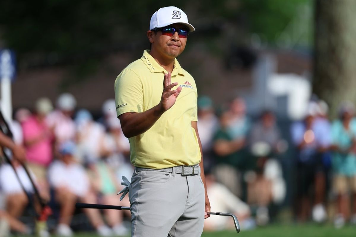 May 16, 2026; Newtown Square, Pennsylvania, USA; Kurt Kitayama reacts after the 18th hole during the third round of the PGA Championship golf tournament. Mandatory Credit: Bill Streicher-Imagn Images