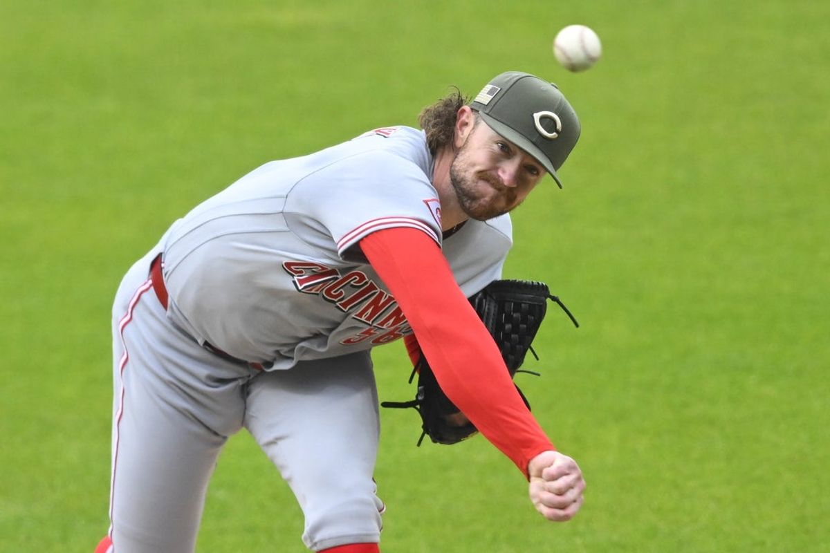 May 16, 2026; Cleveland, Ohio, USA; Cincinnati Reds starting pitcher Chris Paddack (56) delivers a pitch in the first inning against the Cleveland Guardians at Progressive Field. Mandatory Credit: David Richard-Imagn Images