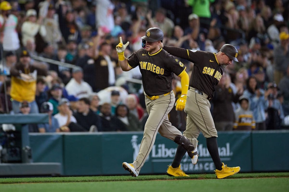 May 16, 2026; Seattle, Washington, USA; San Diego Padres first baseman Gavin Sheets (30) runs to the bases after hitting a home run in the second inning at T-Mobile Park. Mandatory Credit: Richard Dizon-Imagn Images