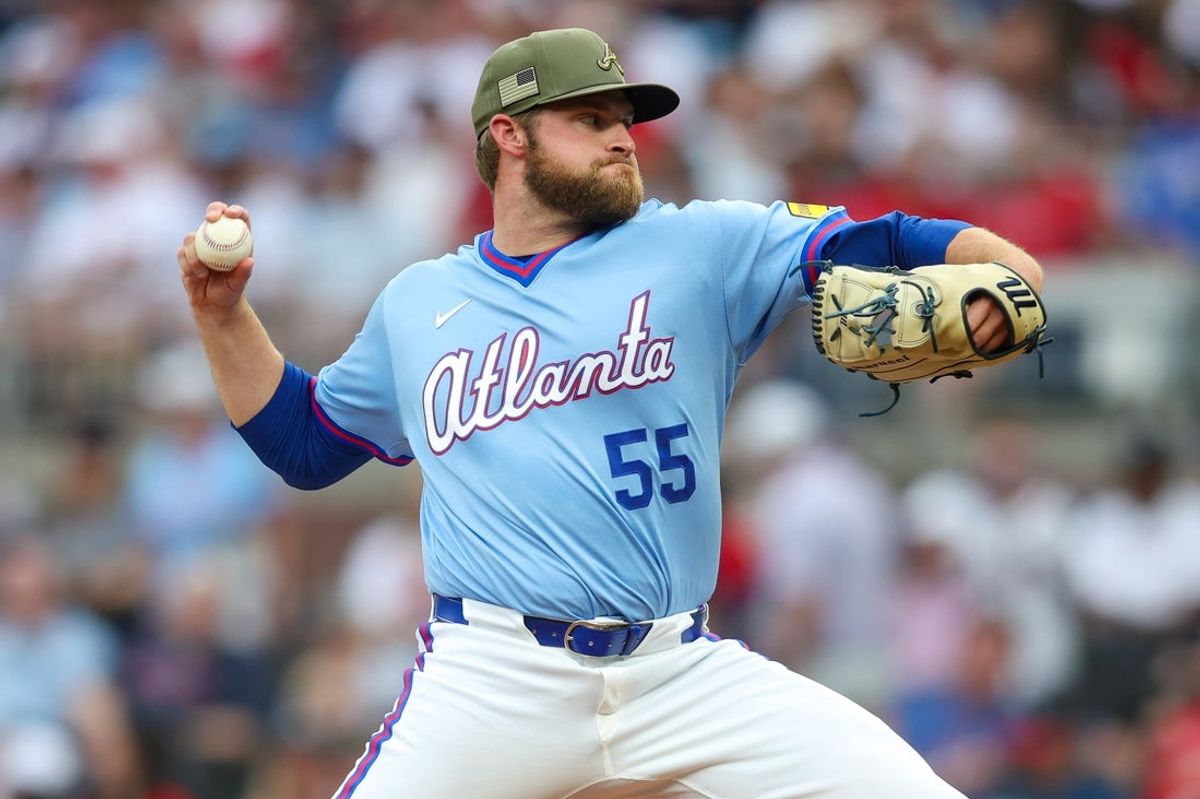 May 16, 2026; Atlanta, Georgia, USA; Atlanta Braves pitcher Bryce Elder (55) throws against the Boston Red Sox in the first inning at Truist Park. Mandatory Credit: Brett Davis-Imagn Images