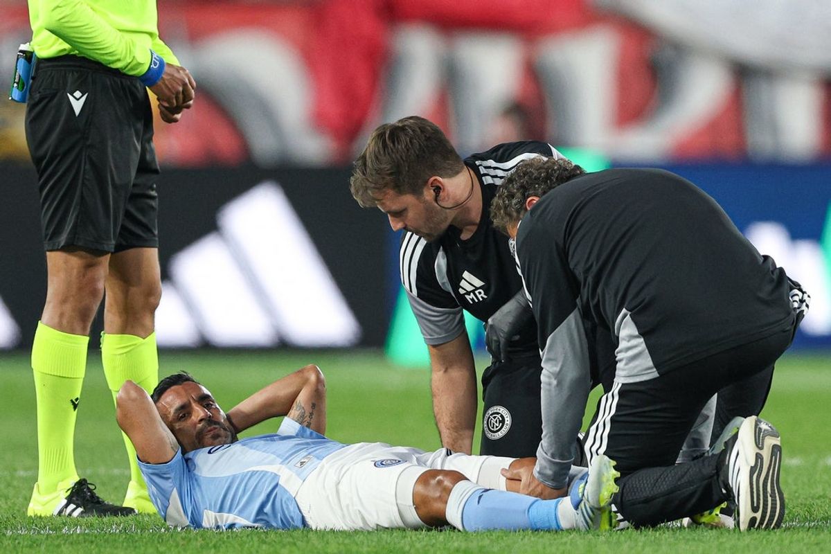 May 16, 2026; Harrison, New Jersey, USA; New York City FC midfielder Maxi Moralez (10) is looked at by medical staff during the first half against the Red Bull New York at Sports Illustrated Stadium.  Moralez would leave the match on an injury substitution. Mandatory Credit: Vincent Carchietta-Imagn Images