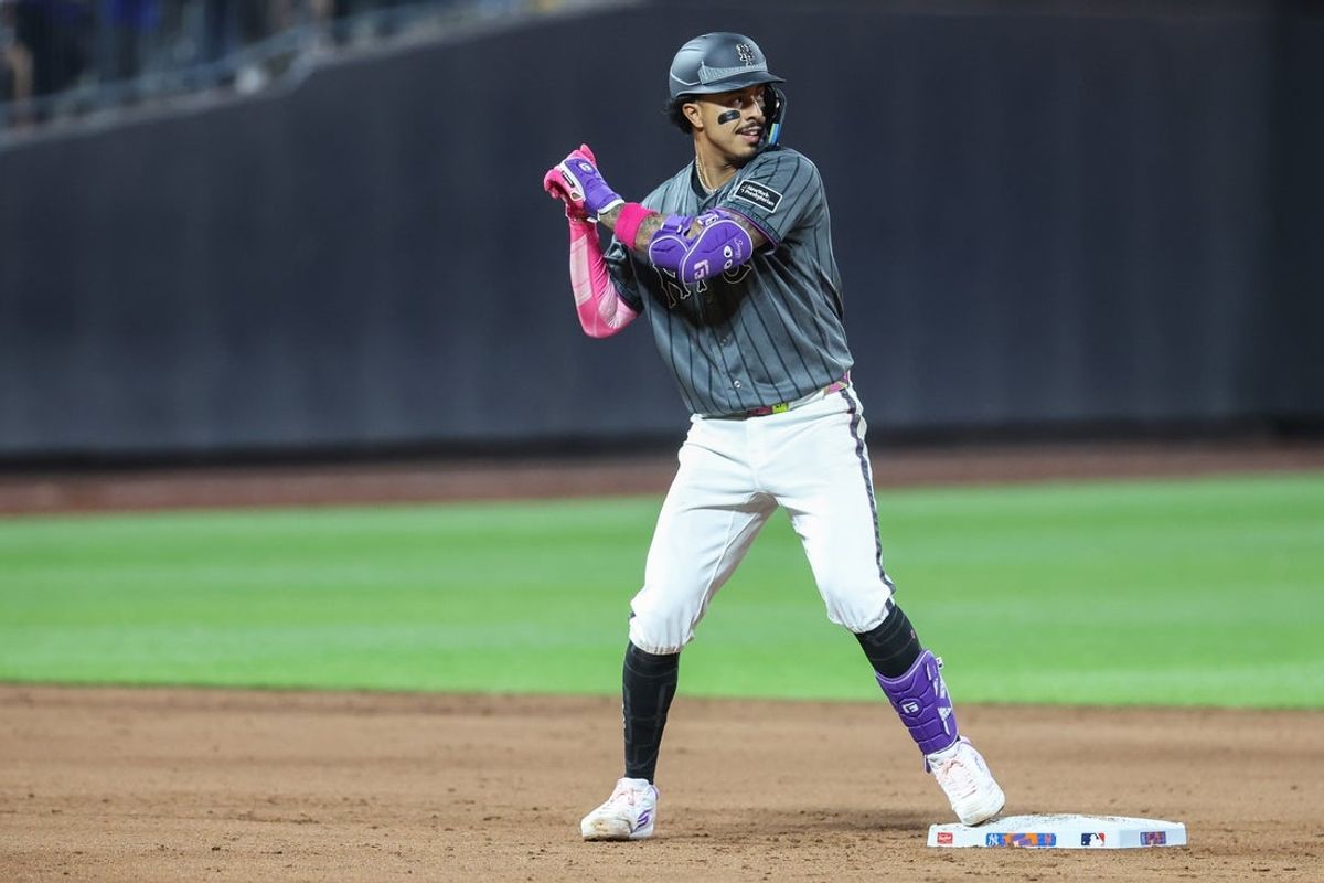 May 16, 2026; New York City, New York, USA;  New York Mets first baseman Mark Vientos (27) gestures after hitting a two-run double in the fifth inning against the New York Yankees at Citi Field. Mandatory Credit: Wendell Cruz-Imagn Images