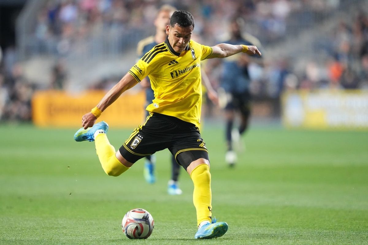 May 16, 2026; Chester, Pennsylvania, USA; Columbus Crew defender Andres Herrera (2) shoots the ball against the Philadelphia Union in the second half at Subaru Park. Mandatory Credit: Kyle Ross-Imagn Images