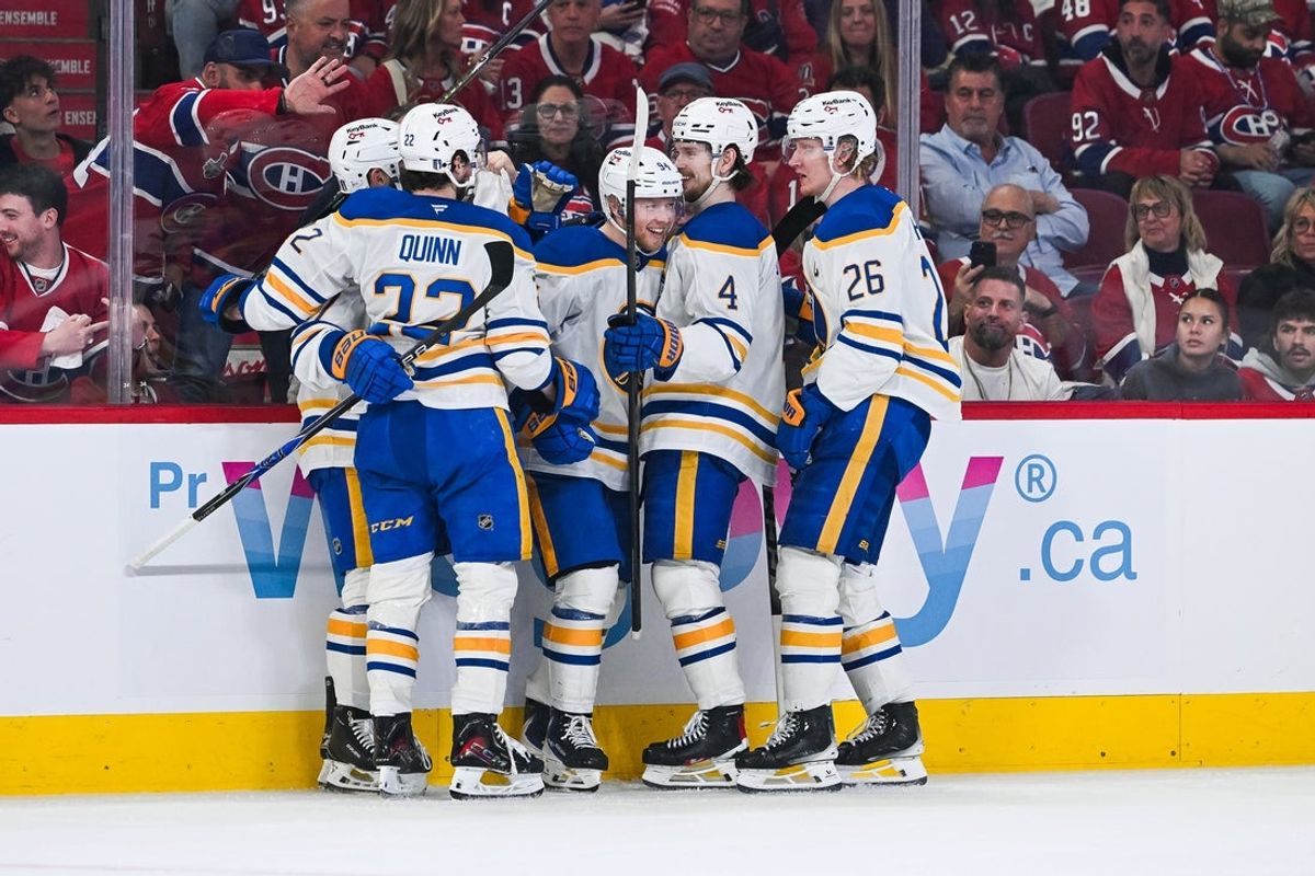 May 16, 2026; Montreal, Quebec, CAN; Buffalo Sabres center Konsta Helenius (94) celebrates with his teammates his goal against the Montreal Canadiens during the second period in game six of the second round of the 2026 Stanley Cup Playoffs at Bell Centre. Mandatory Credit: David Kirouac-Imagn Images