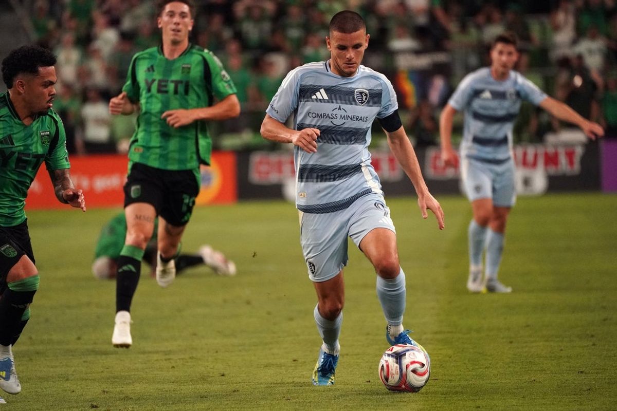 May 16, 2026; Austin, Texas, USA; Sporting Kansas City forward Dejan Joveljic (9) moves the ball to the goal during the second half against Austin FC at Q2 Stadium. Mandatory Credit: Dustin Safranek-Imagn Images