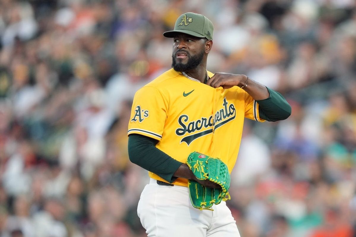 May 16, 2026; West Sacramento, California, USA; Athletics starting pitcher Luis Severino (40) stands on the field during the fifth inning against the San Francisco Giants at Sutter Health Park. Mandatory Credit: Darren Yamashita-Imagn Images