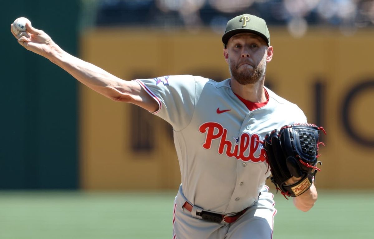 May 17, 2026; Pittsburgh, Pennsylvania, USA; Philadelphia Phillies starting pitcher Zack Wheeler (45) delivers pitch against the Pittsburgh Pirates during the first inning at PNC Park. Mandatory Credit: Charles LeClaire-Imagn Images