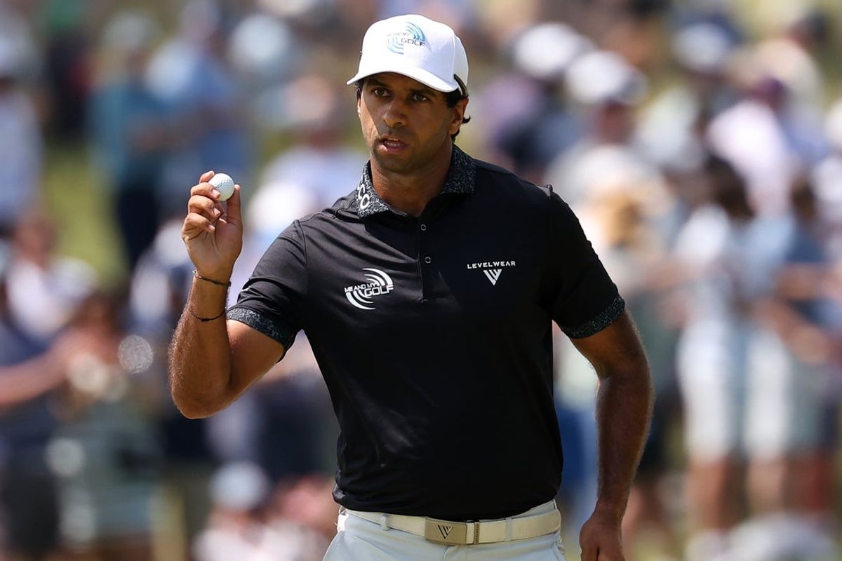 May 17, 2026; Newtown Square, Pennsylvania, USA; Aaron Rai reacts on the first green during the final round of the PGA Championship golf tournament. Mandatory Credit: Bill Streicher-Imagn Images