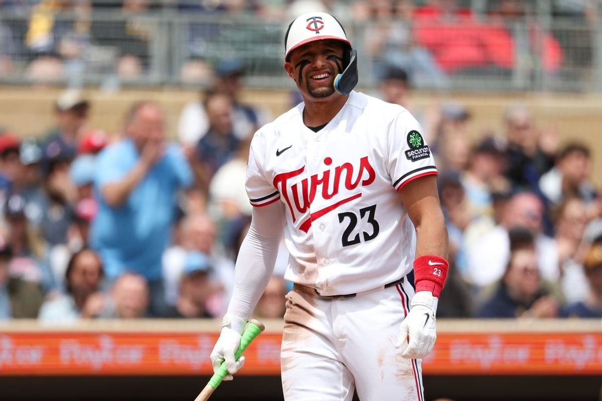 May 17, 2026; Minneapolis, Minnesota, USA; Minnesota Twins third baseman Royce Lewis (23) reacts to a strikeout against the Milwaukee Brewers during the first inning at Target Field. Mandatory Credit: Matt Krohn-Imagn Images