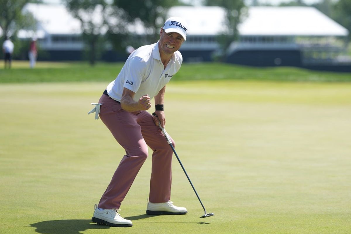 May 17, 2026; Newtown Square, Pennsylvania, USA; Justin Thomas reacts on the 18th hole during the final round of the PGA Championship golf tournament. Mandatory Credit: James Lang-Imagn Images