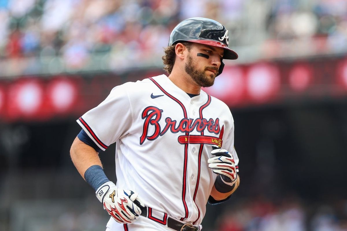 May 17, 2026; Cumberland, Georgia, USA; Atlanta Braves third baseman Austin Riley (27) runs the bases after hitting a home run against the Boston Red Sox during the first inning at Truist Park. Mandatory Credit: Jordan Godfree-Imagn Images