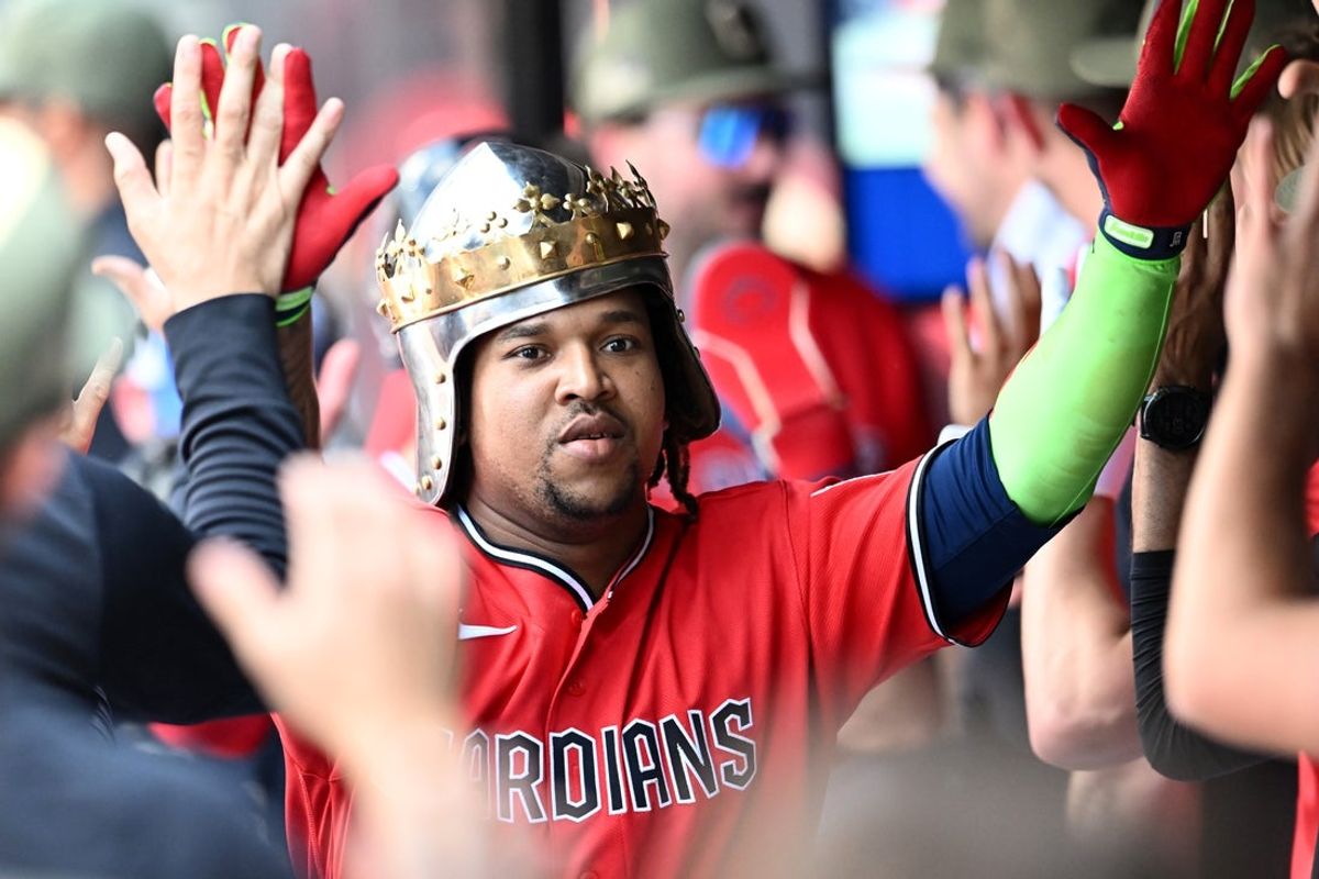 May 17, 2026; Cleveland, Ohio, USA; Cleveland Guardians designated hitter Jose Ramirez (11) celebrates after hitting a home run during the eighth inning against the Cincinnati Reds at Progressive Field. Mandatory Credit: Ken Blaze-Imagn Images